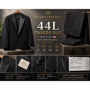 Hickey Freeman 44L Black Wool Tuxedo Suit Peak Lapel Satin Trim USA Made